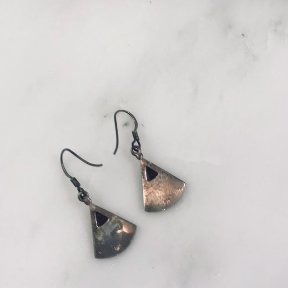 Vintage 925 Silver & Onyx Fan Shape Drop Earrings - Picture 7 of 7